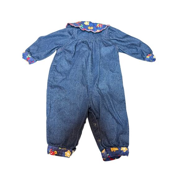 VTG Little Me Denim Romper 12M Floral Collar Teddy Bear 90s Baby Girl Outfit - Picture 2 of 6